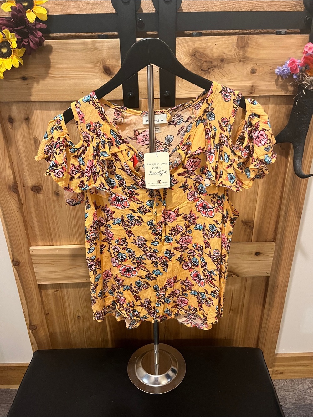 Belle Du Jour Yellow Floral Ruffle Sleeve Blouse